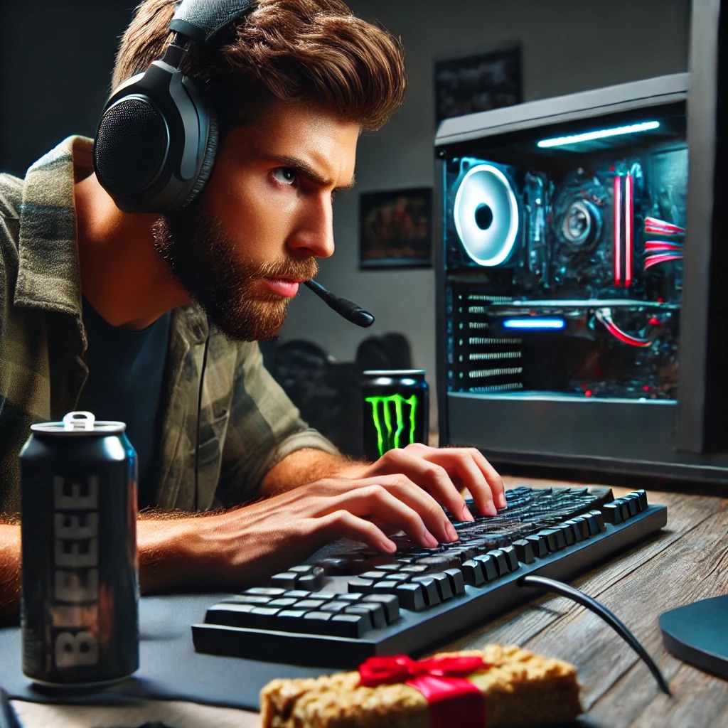 DALL·E 2024-06-24 14.19.55 - A gamer intensely focused on a computer screen, with a protein bar beside the keyboard, surrounded by gaming gear and energy drink cans